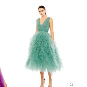 Mac Duggal Tulle Plunging V-Neck Sleeveless A-Line V-Back Midi Dress